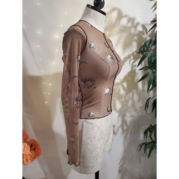 Full Tilt Sheer Mesh Celestial Sun Moon Crop Long Sleeve Top Size XS Beige Tan - Picture 2 of 9